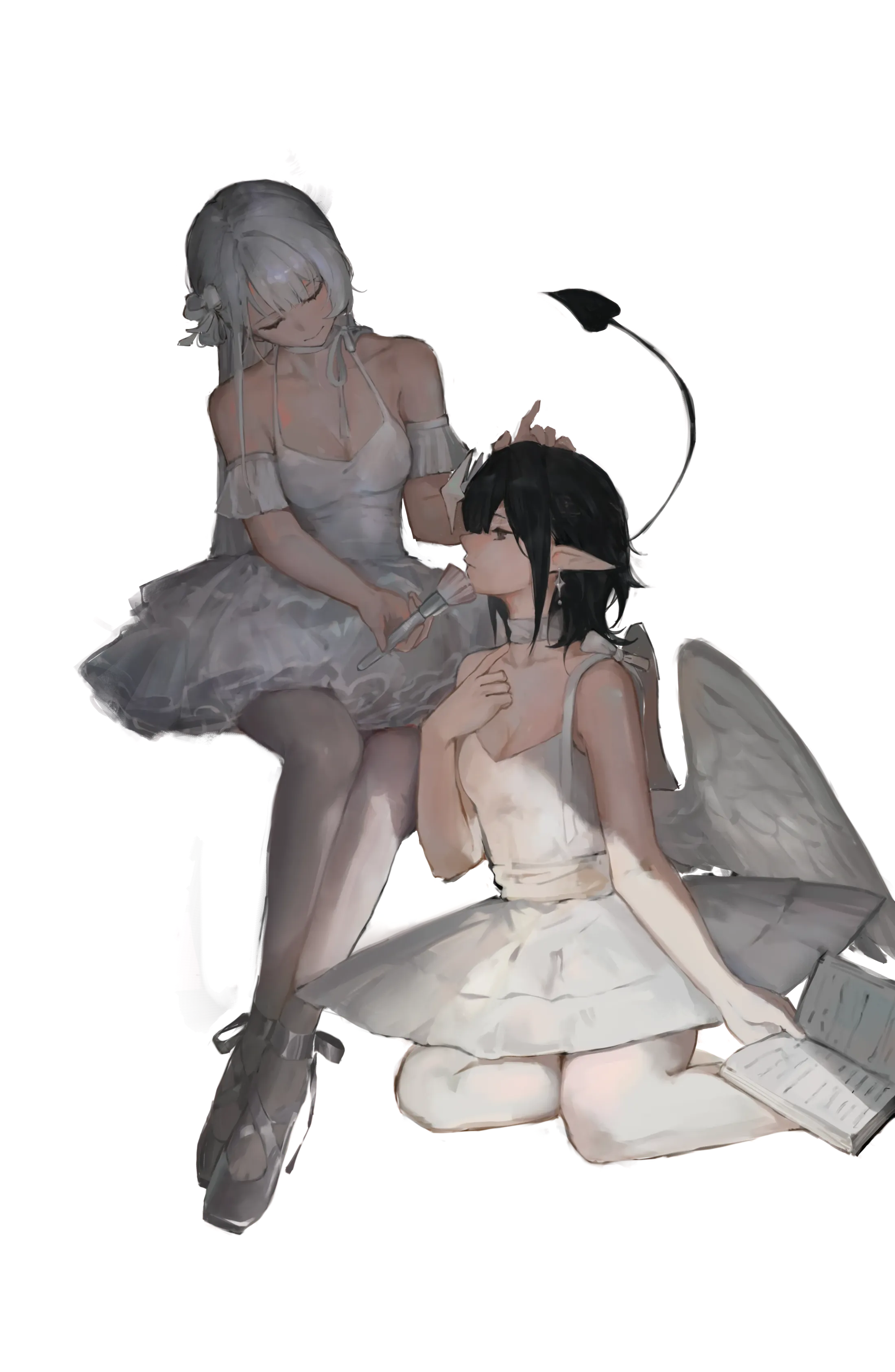 Two angels in a dim room, one in a white tutu seated on a stool and one kneeling among scattered papers